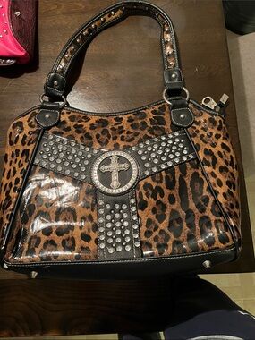 Leopard Print Studded Tote Bag with Cross Accent - Black & Brown